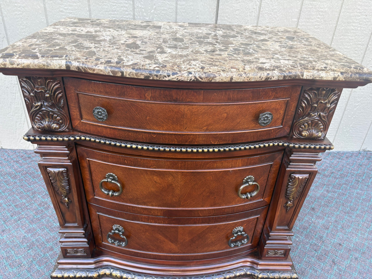 Elegant Marble Top Chest with Carved Wood Detail, 2015