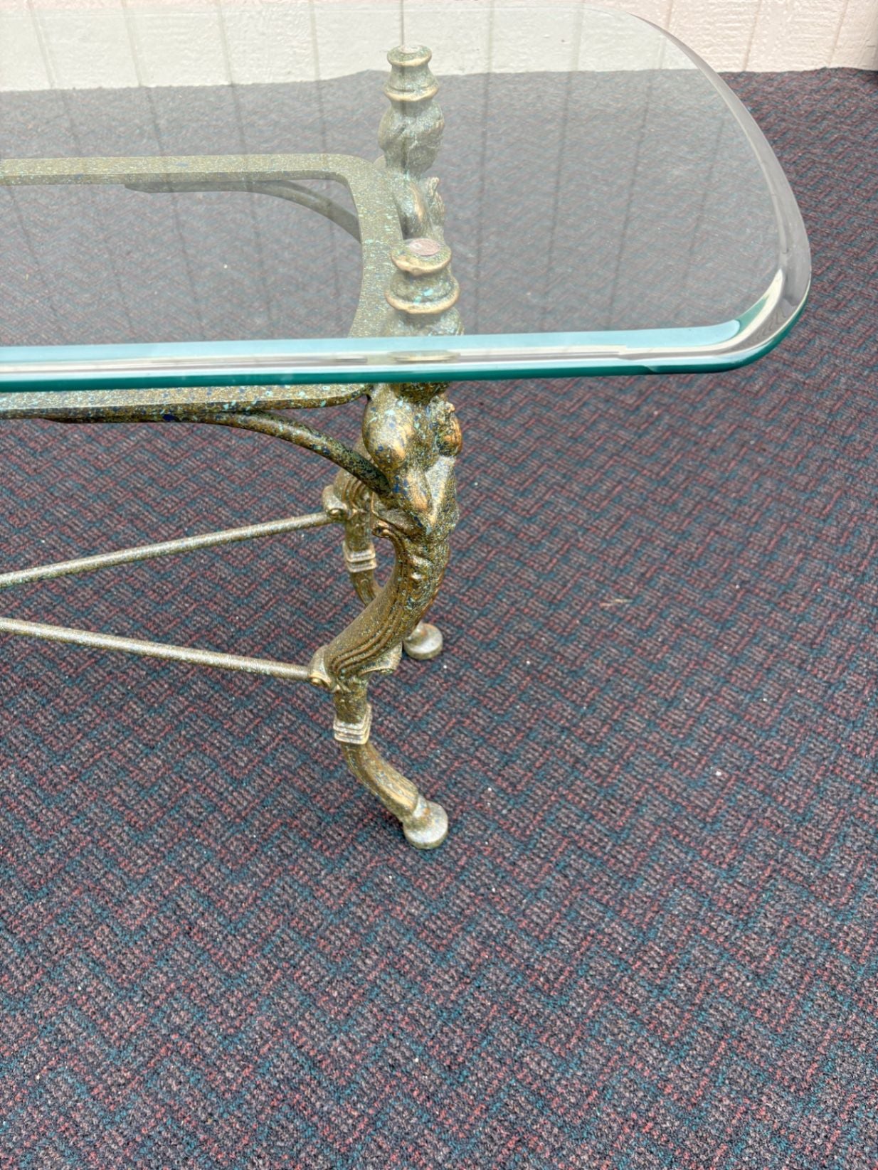 65667 Vintage Glass Top Console Table with Brass Figural Base