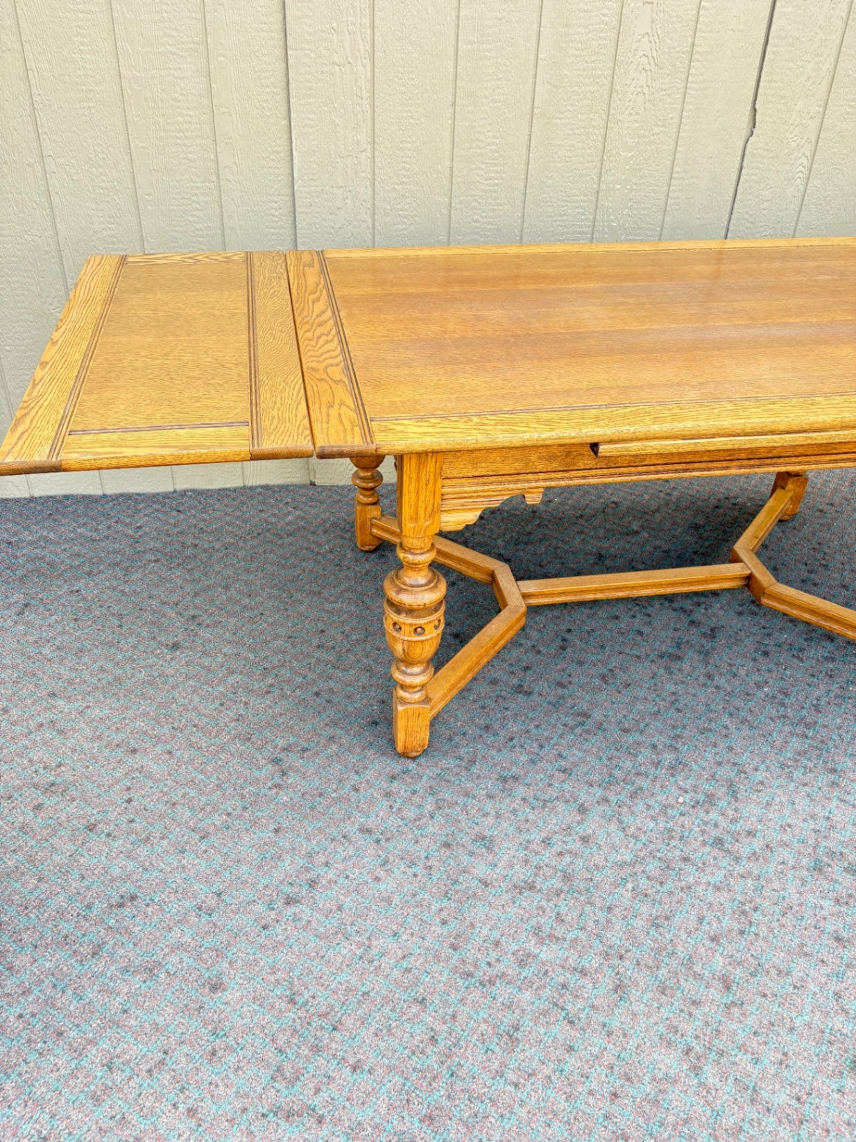 Oak Refractory Dining Table with Six Carved Chairs Set