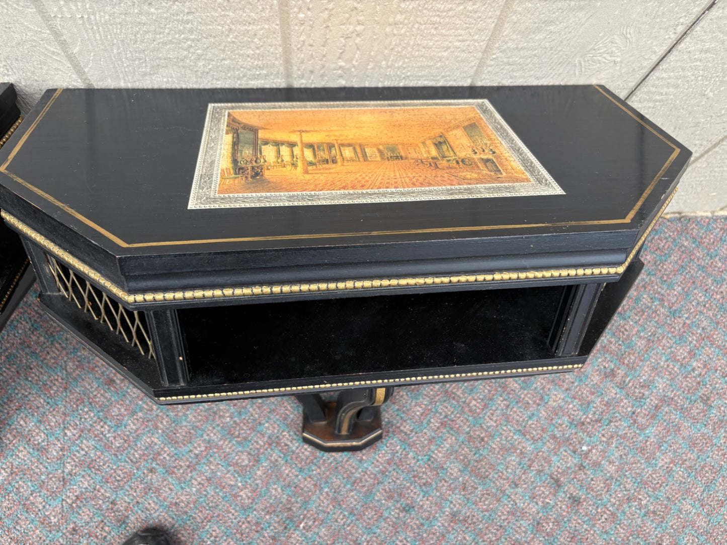 67859 Pair of Vintage Black Wall Shelves with Gold Accents and Decoupage