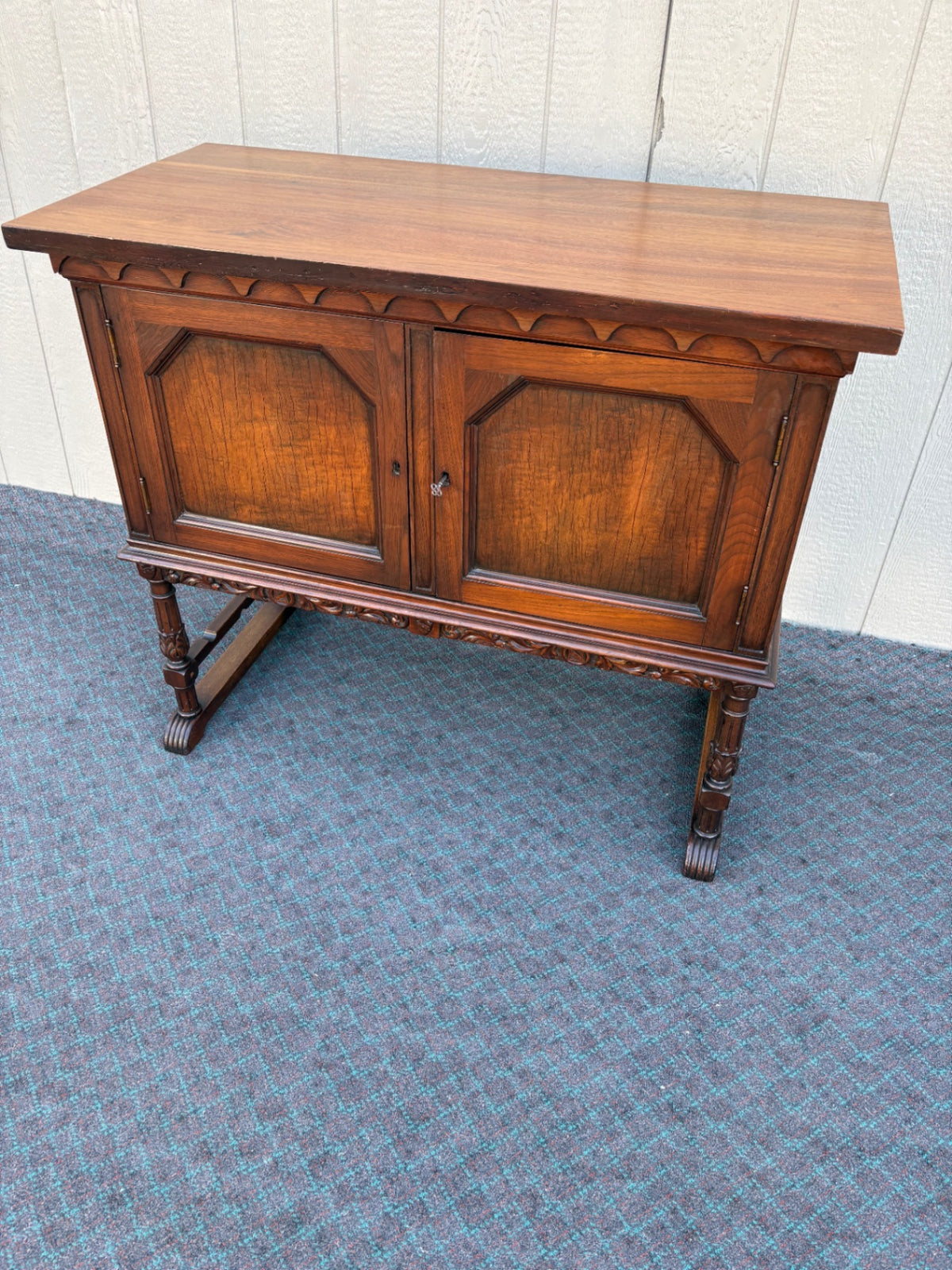 68182 Antique Walnut Server with Carved Detailing, Early 20th Century