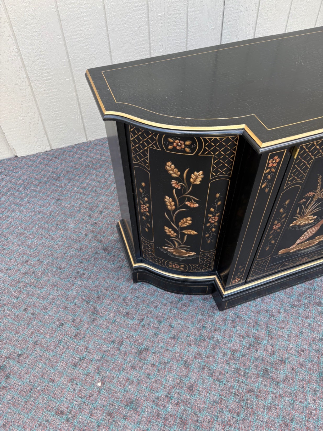 68118 Black Lacquer Asian-Inspired Cabinet with Floral and Bird Motifs
