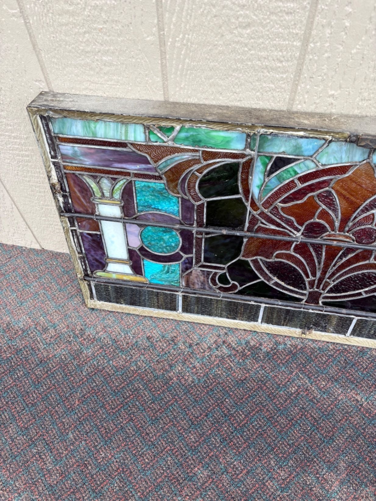 67487 Antique Art Nouveau Stained Glass Window with Floral Motif