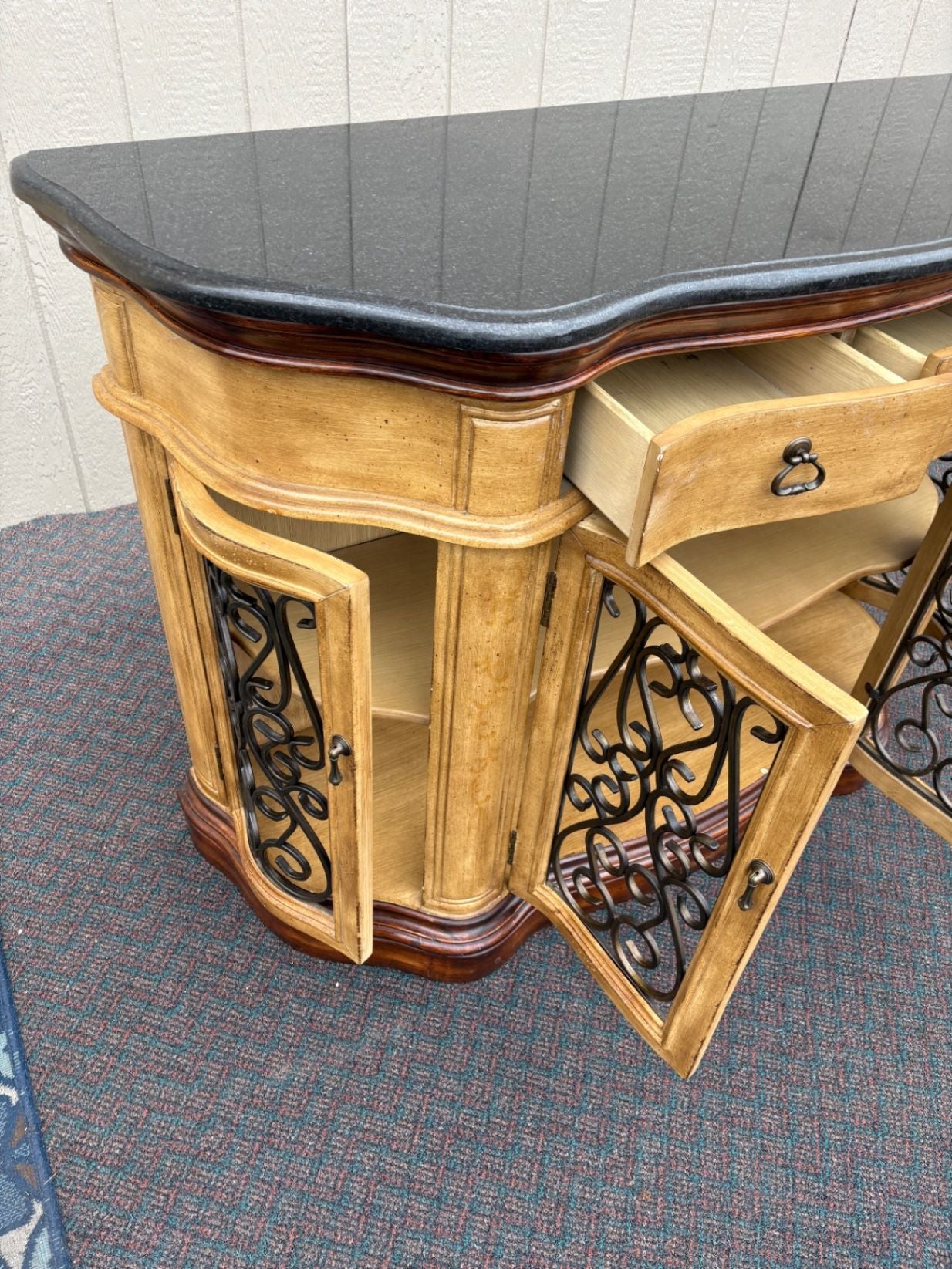 67546 Elegant Server Cabinet with Granite Top and Wrought Iron Doors