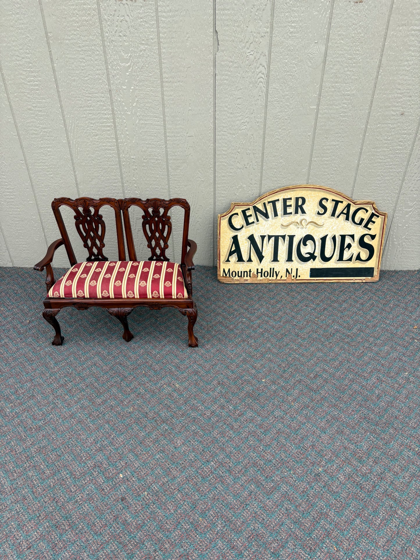 67699 Miniature Chippendale Loveseat with Carved Mahogany and Upholstery