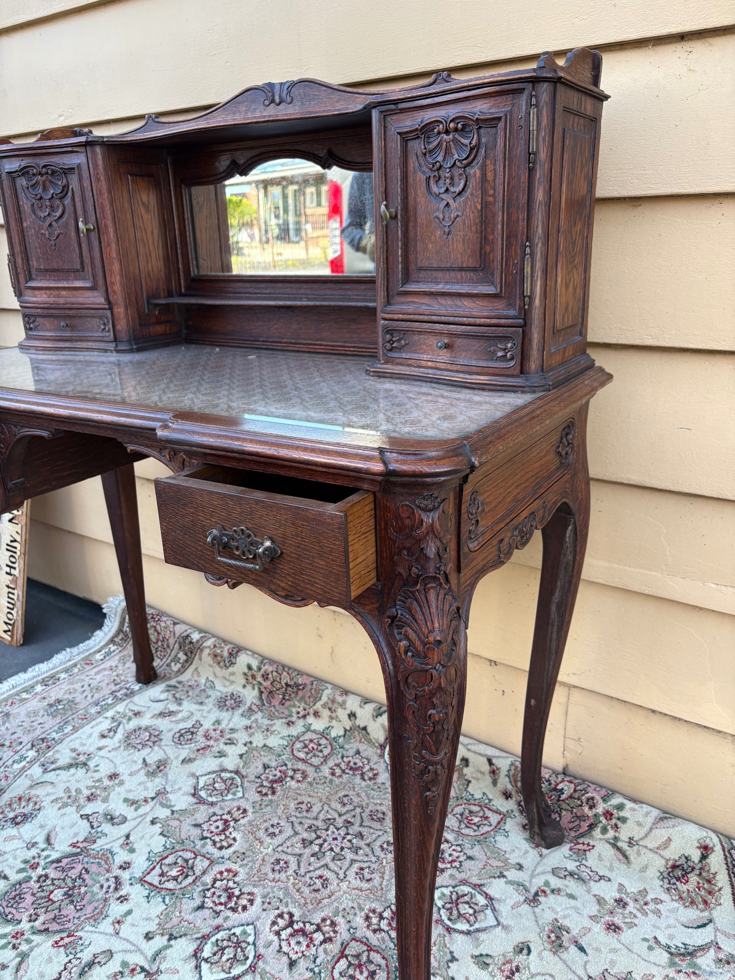 67783 Antique French Louis XV Style Oak Writing Desk with Mirror