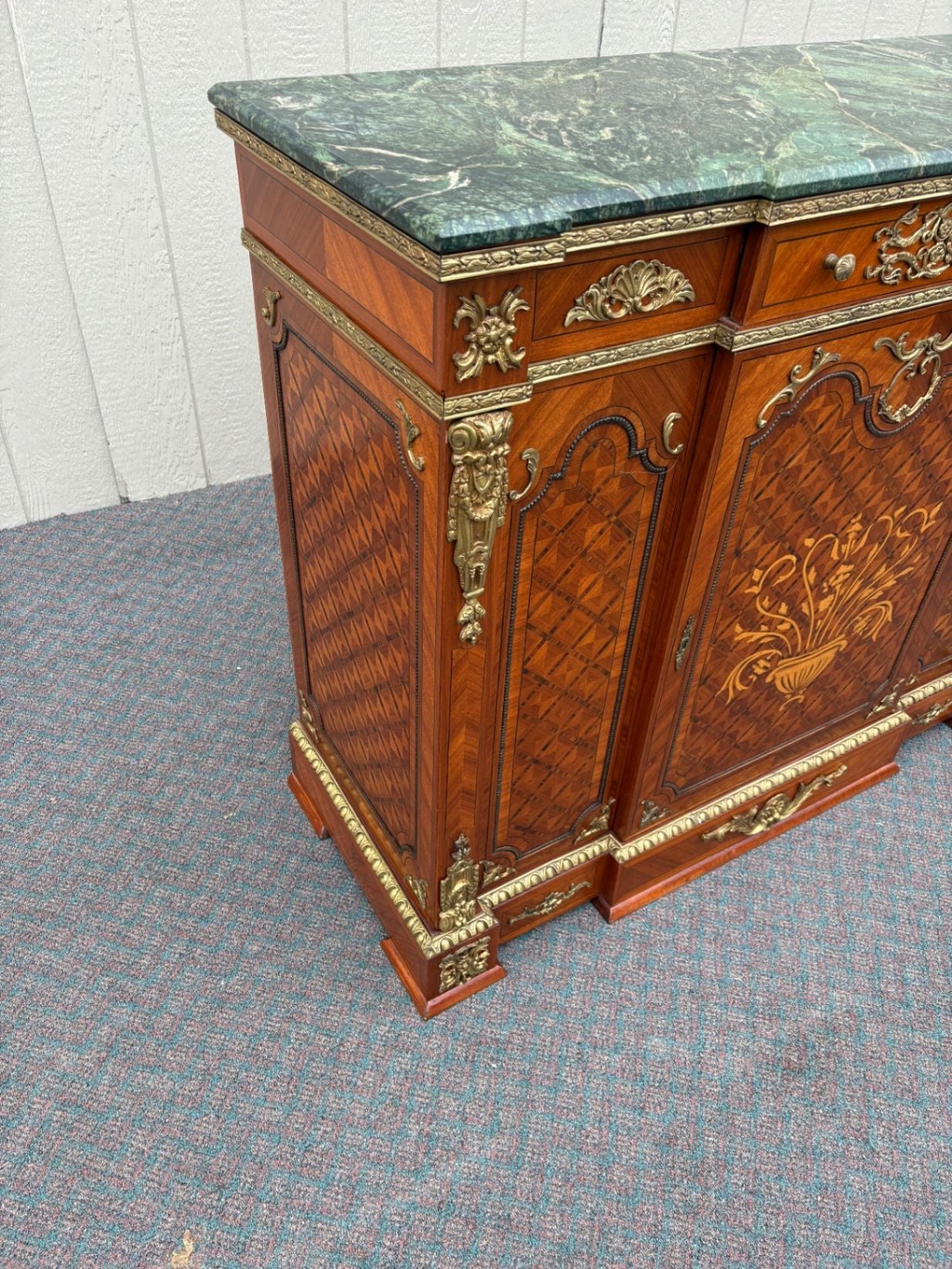 67520 Ornate French Style Marble Top Sideboard with Inlay and Gilt Details