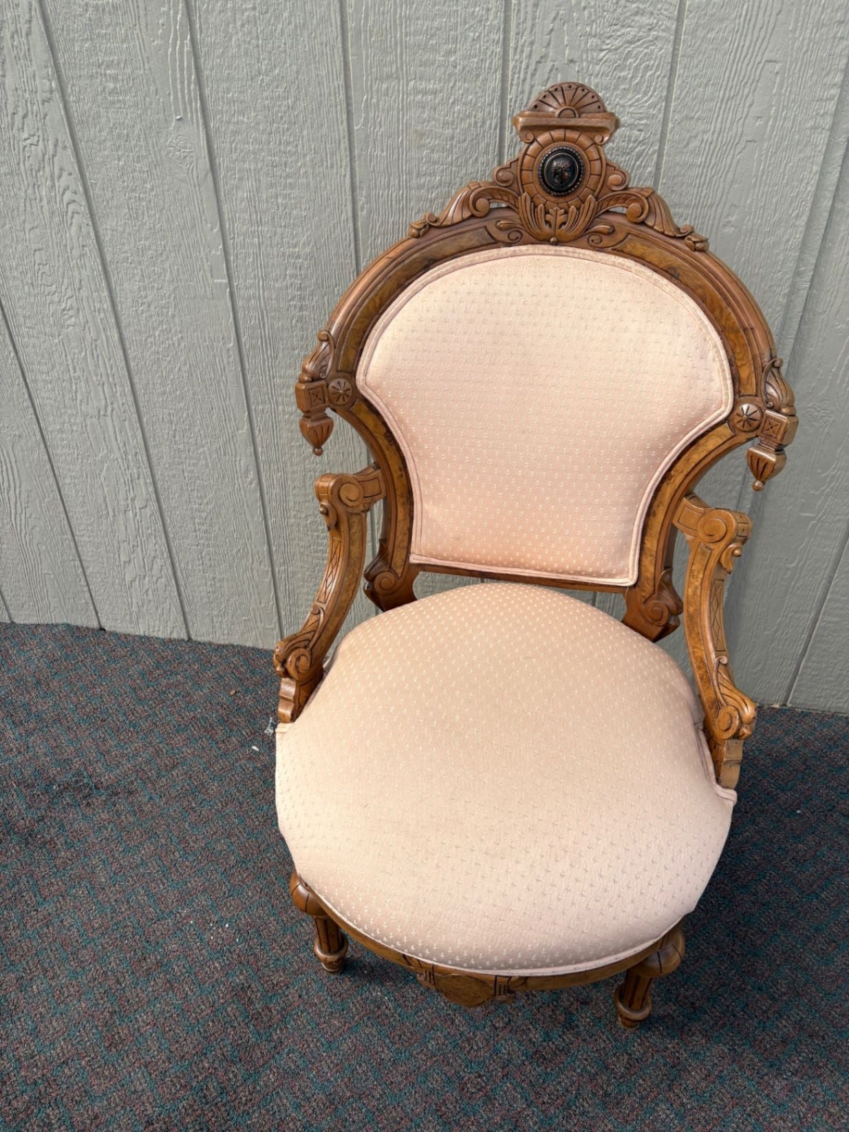 67455  Victorian Carved Walnut Parlor Chair with Pink Upholstery