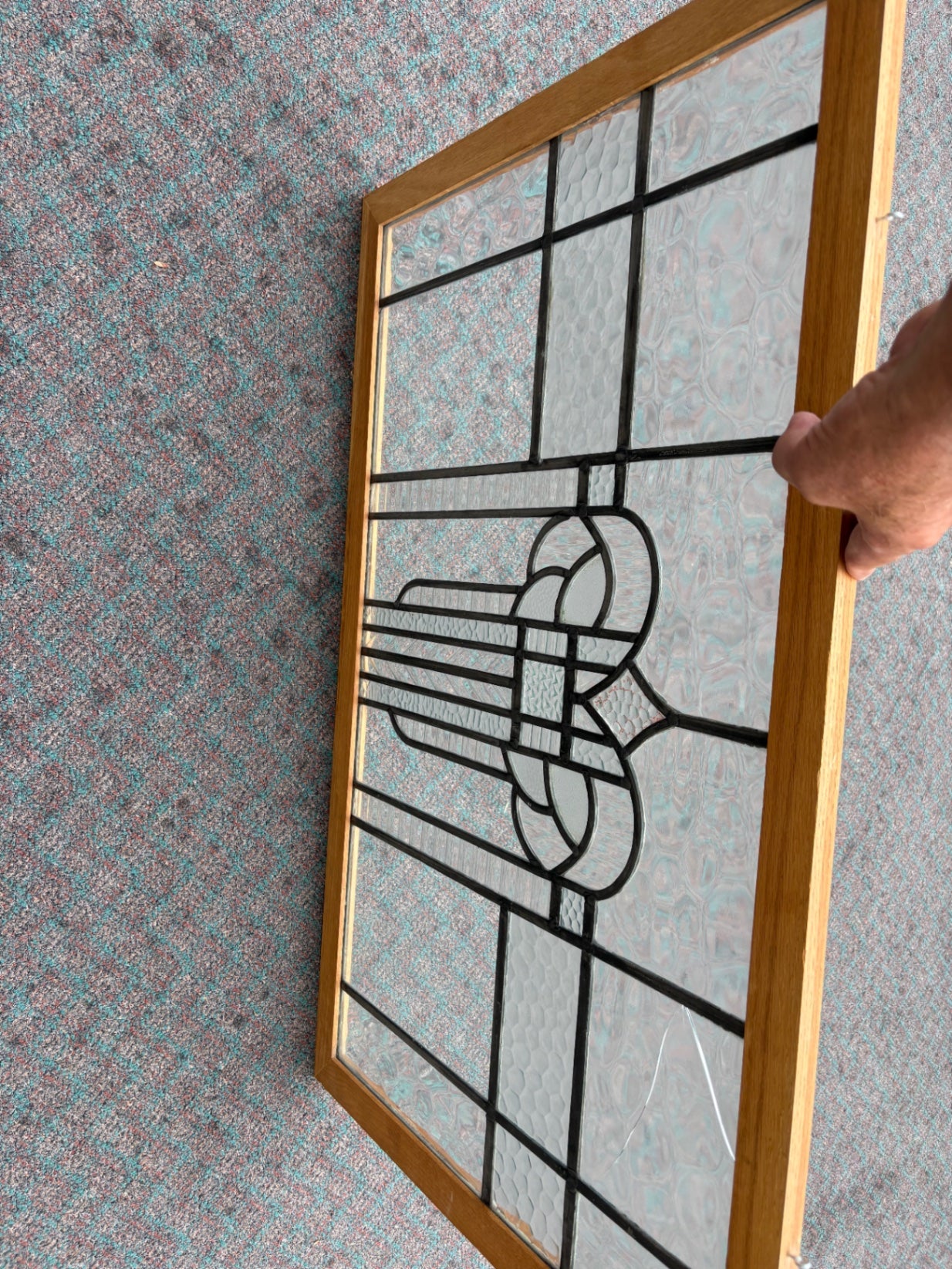 67907 Vintage Art Deco Stained Glass Window with Wood Frame