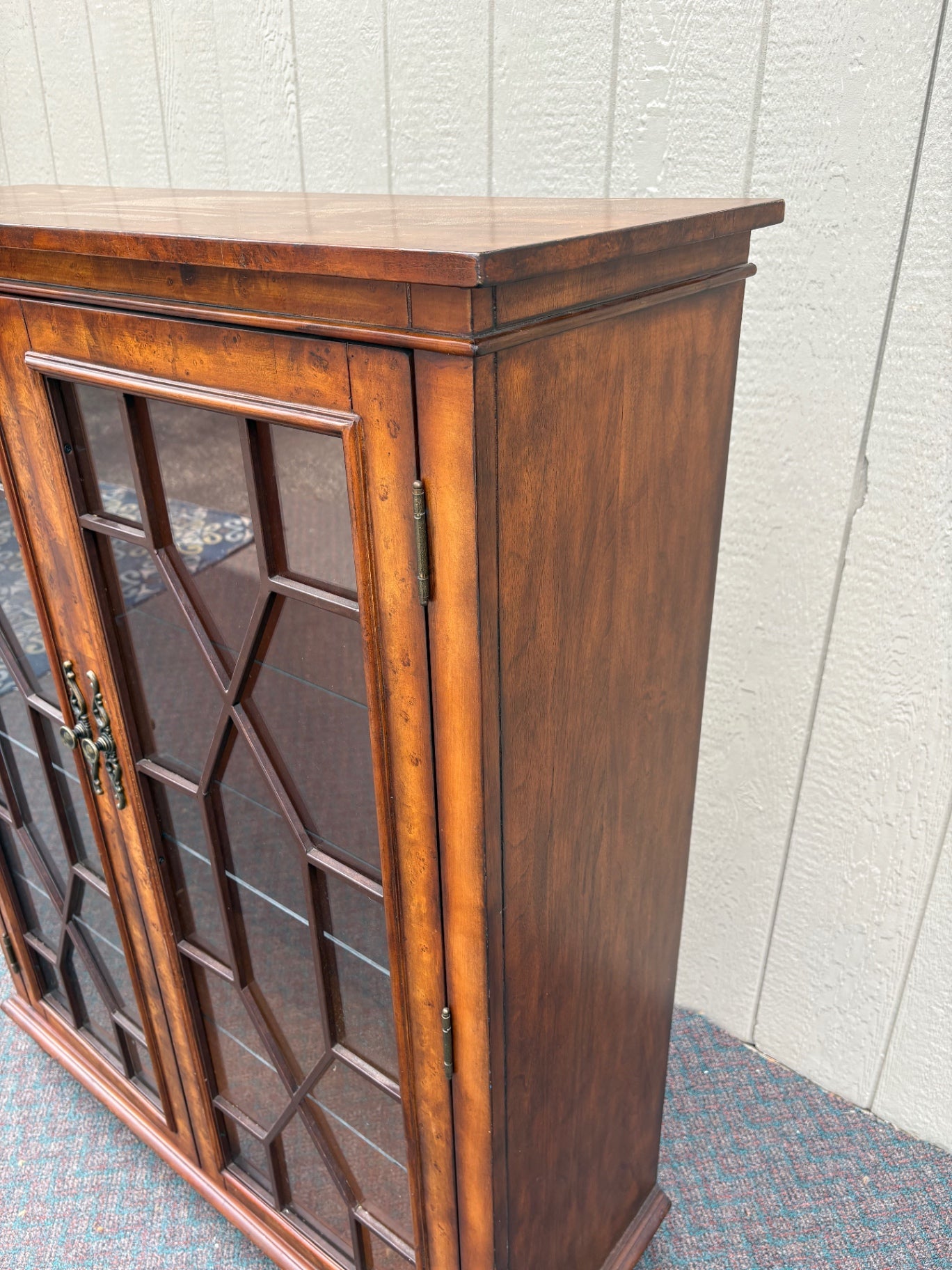 67660 Vintage Glass Front Bookcase with Geometric Wood Inlay
