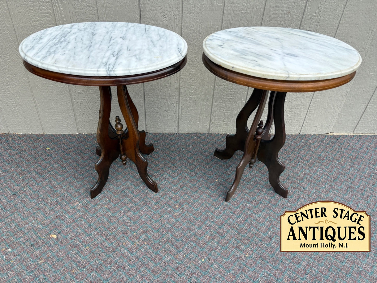 Pair of Victorian Marble Top Side Tables with Carved Bases