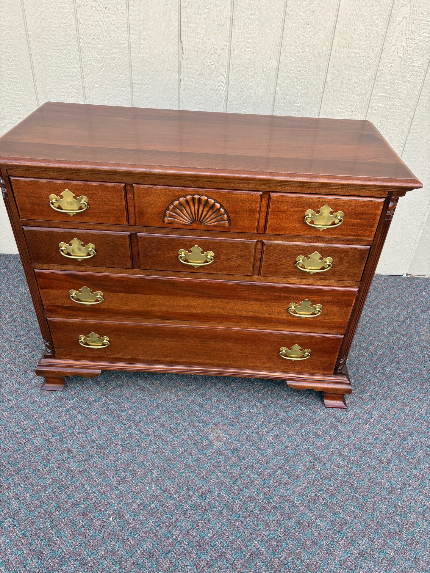 67738 Vintage Mahogany Chest with Brass Hardware and Shell Carving