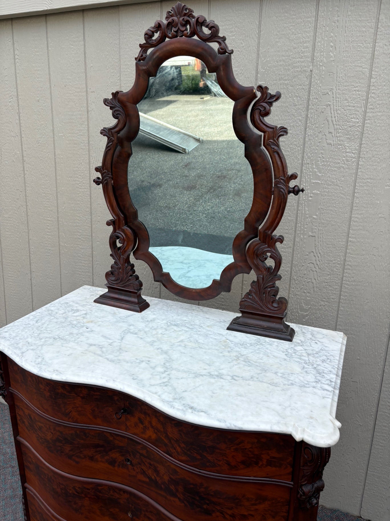 67937 Victorian Marble Top Dresser with Ornate Mirror and Carved Details