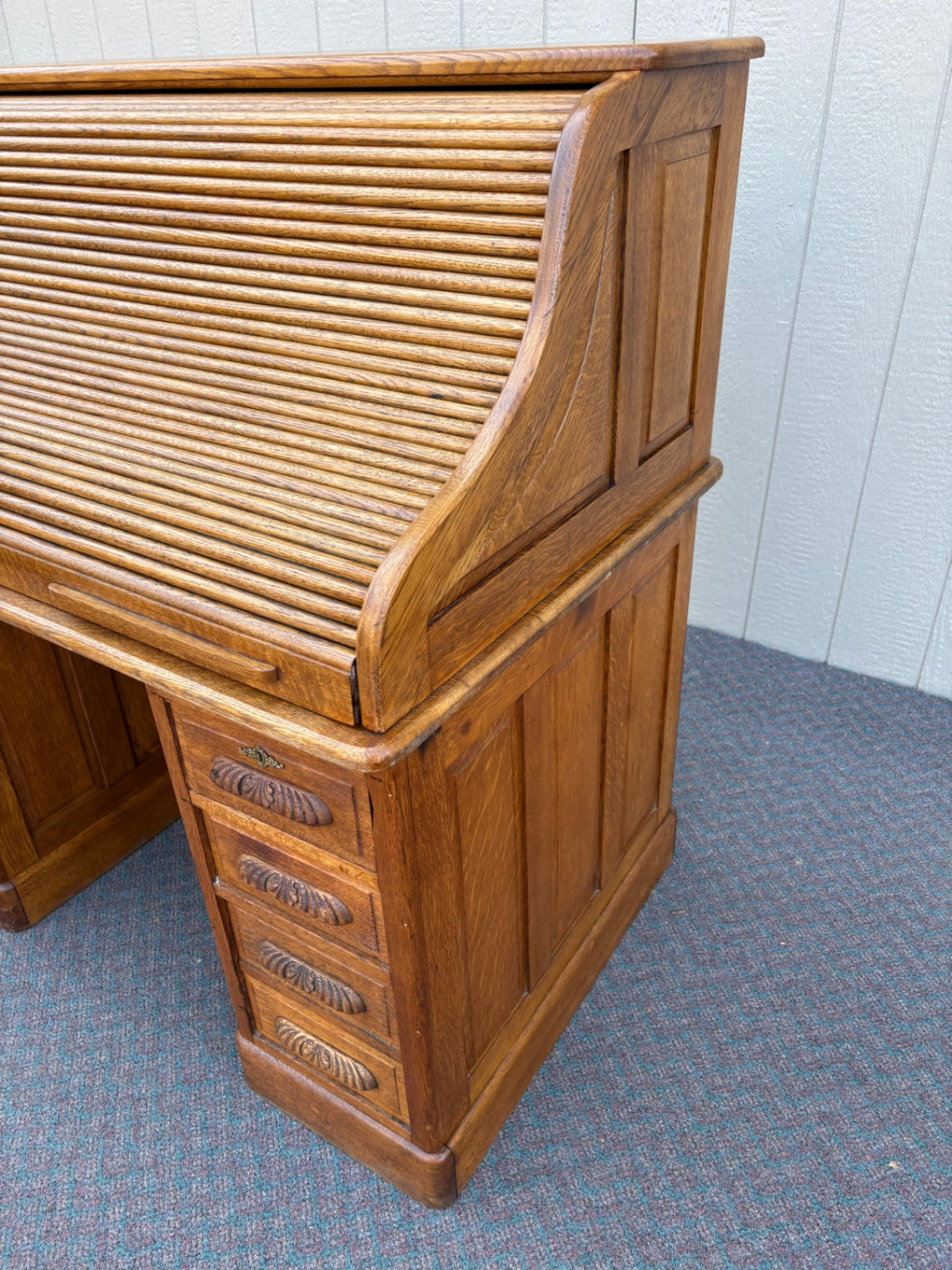 68012 Antique Oak Roll Top Desk with Brass Hardware and Storage