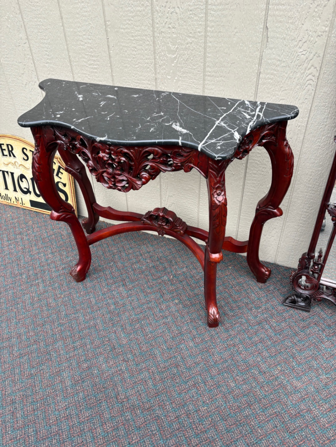67705 Victorian Style Carved Console Table and Mirror Set with Marble Top