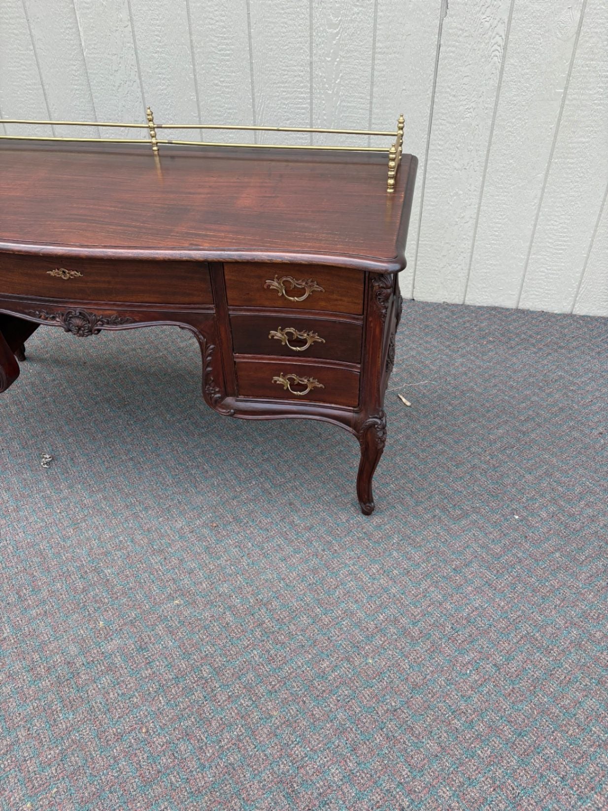 67605 Elegant French Louis XV Style Mahogany Writing Desk with Brass Rail