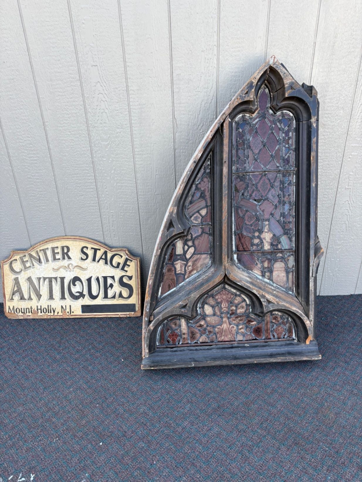67488 Gothic Arched Stained Glass Window with Wooden Frame