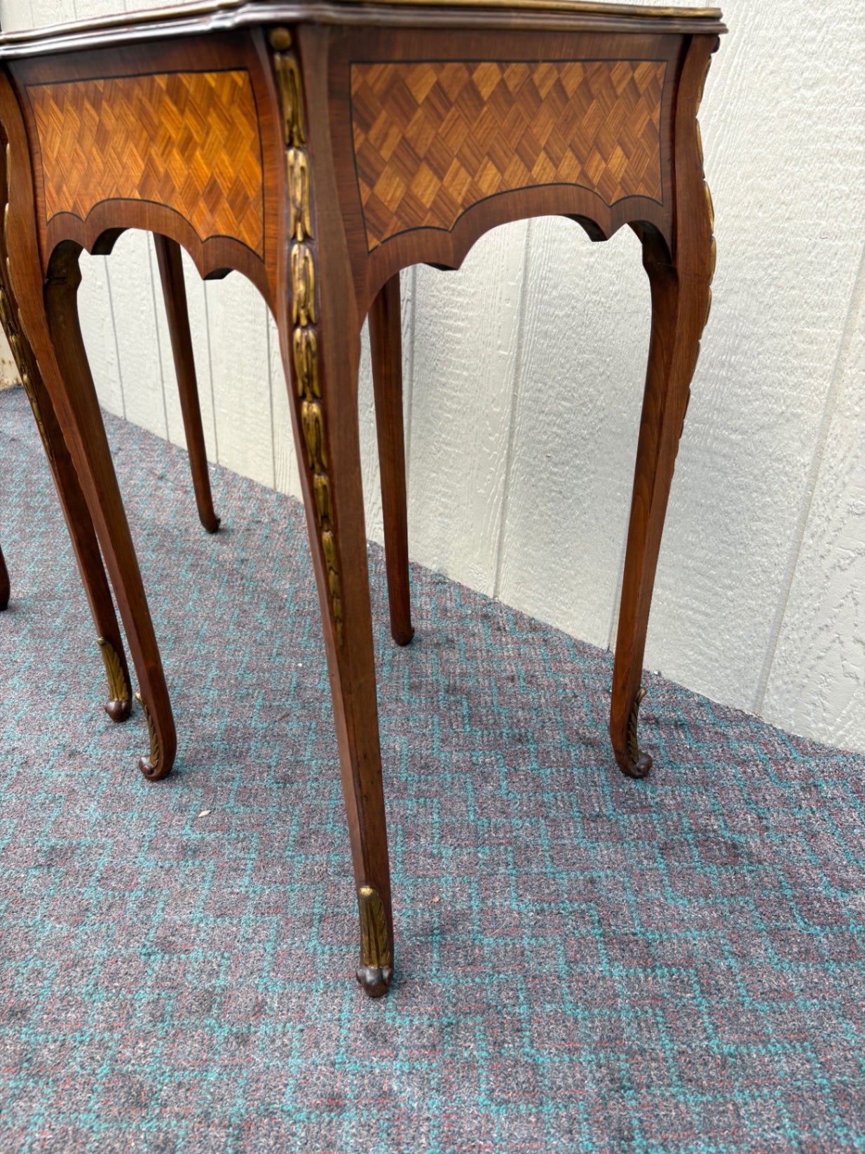 68095 Pair of French Louis XV Style Inlaid Marquetry Side Tables