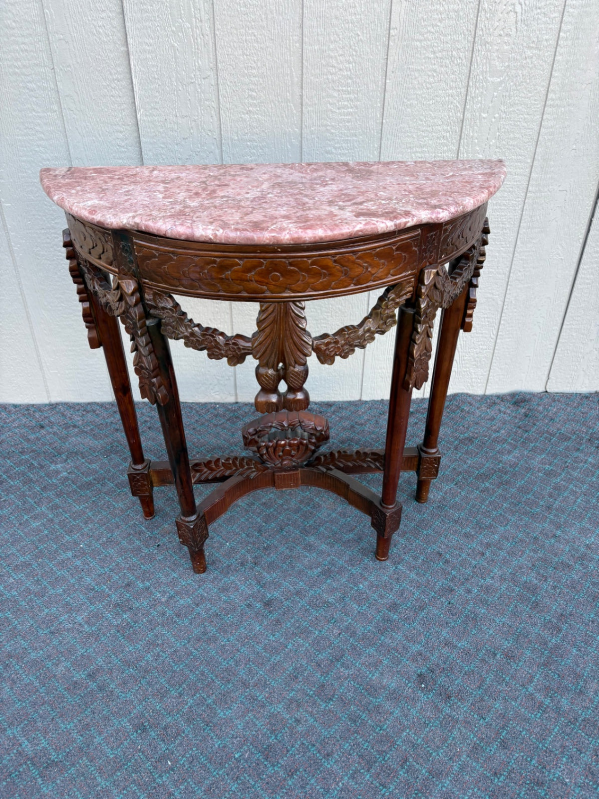 68237  Antique Mahogany Demilune Table with Pink Marble Top
