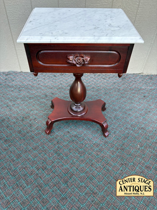 68175 Elegant Kimball ? Pedestal Side Table with Marble Top and Rose Carving