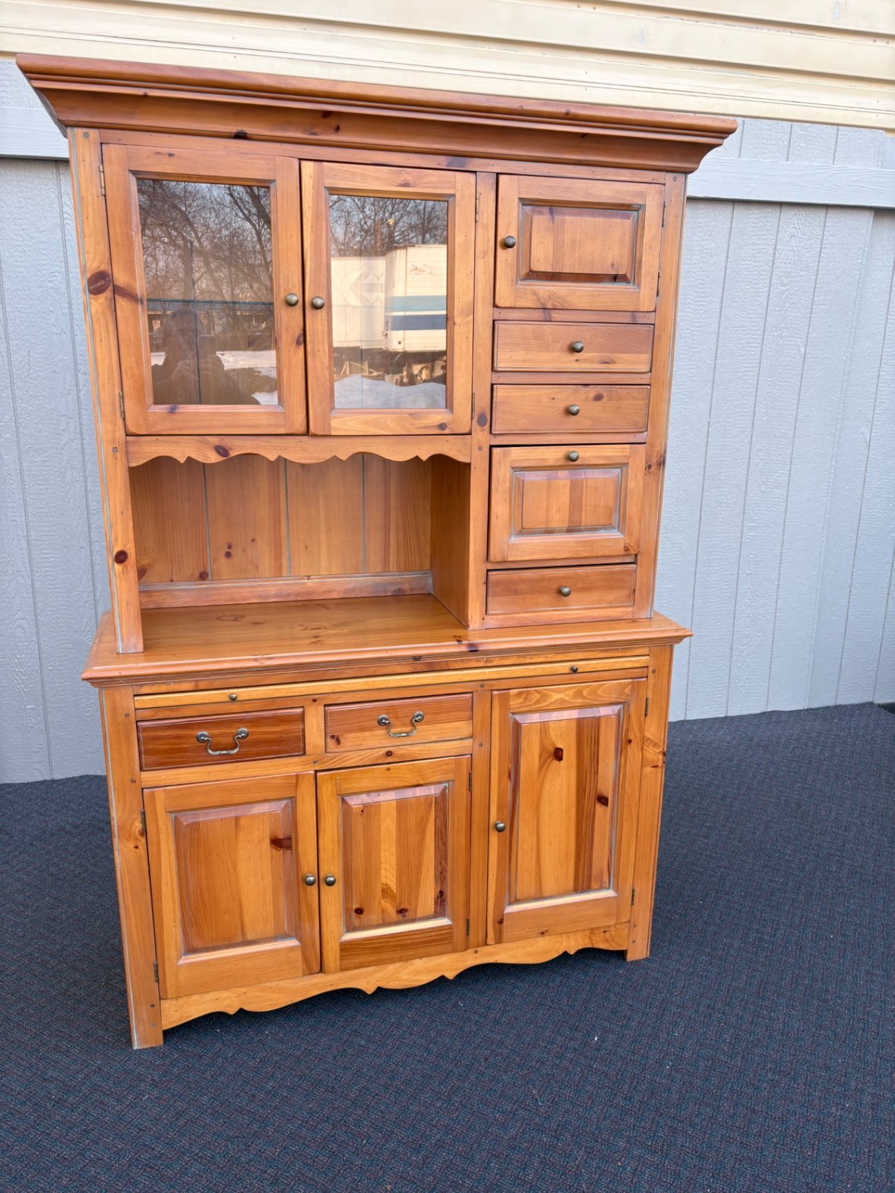 67501  Vintage Pine Two-Piece Cupboard Cabinet with Glass Doors