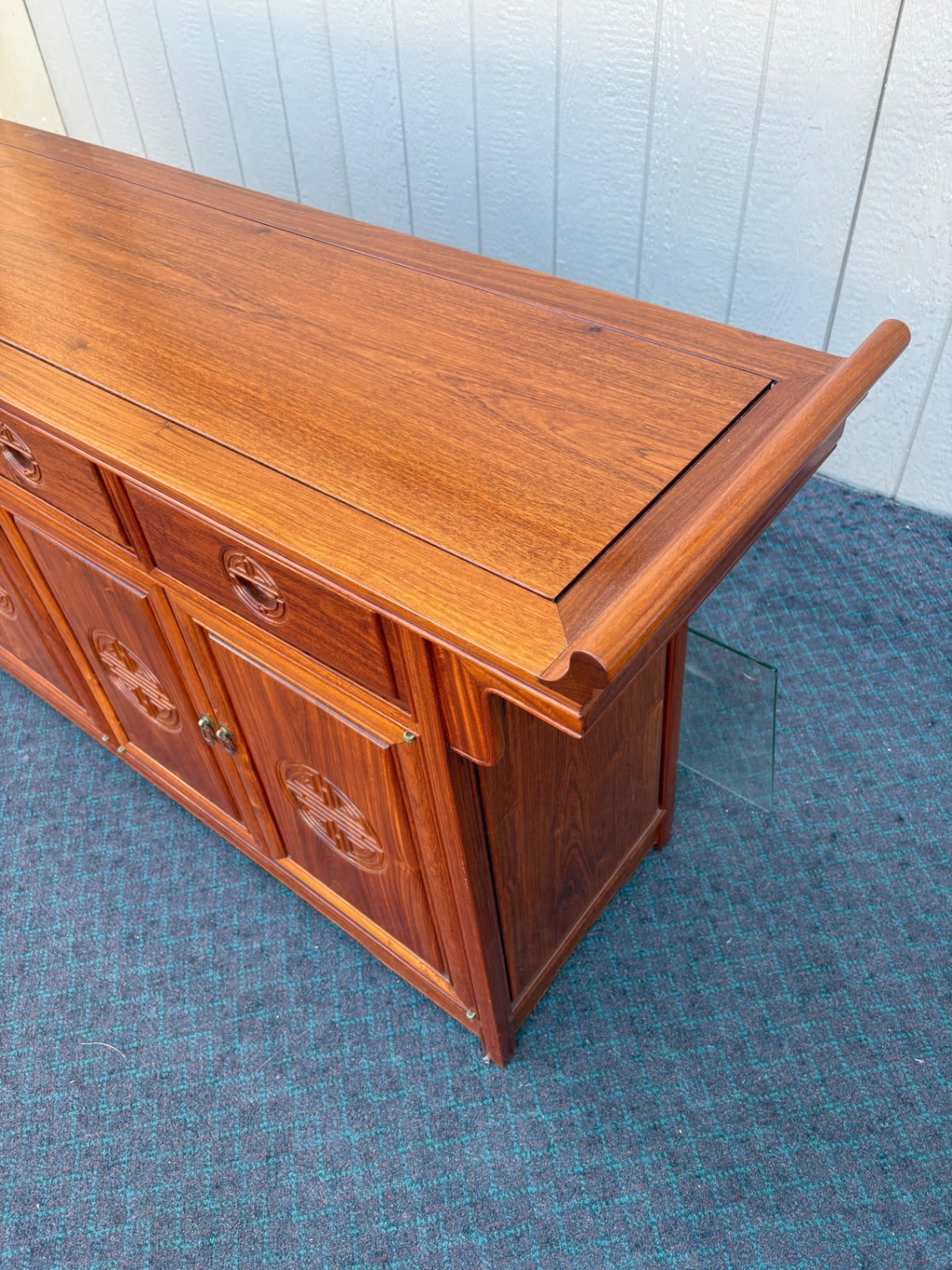 Mid-Century Oriental Sideboard with Glass Top and Carved Details