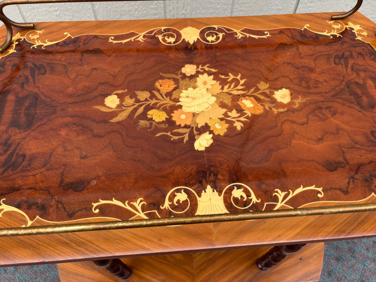 Italian Inlaid Wood Bar Cart with Floral Marquetry and Brass Accents