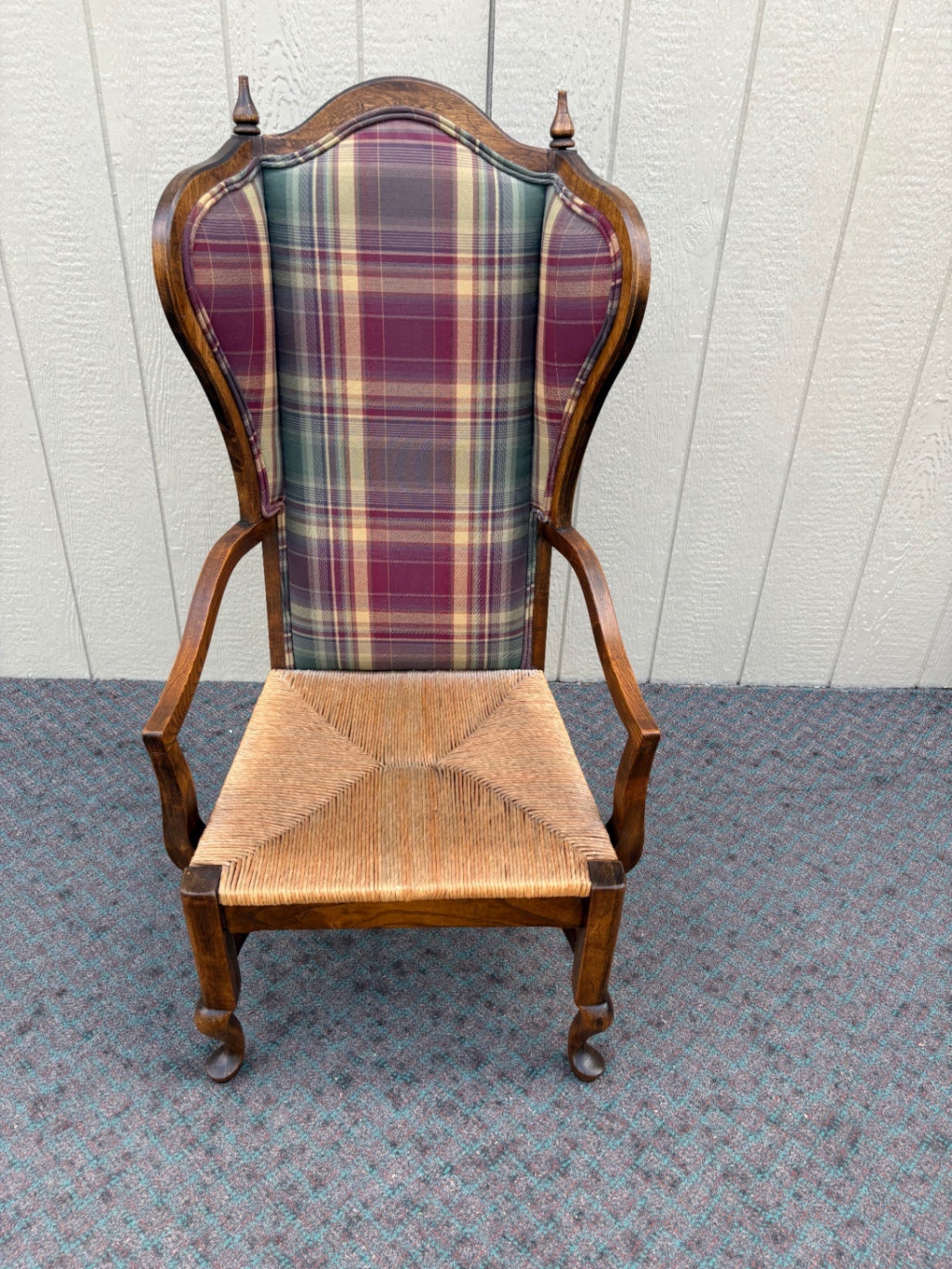 67998 Vintage Oak Kidney Desk with Plaid Upholstered Chair Set