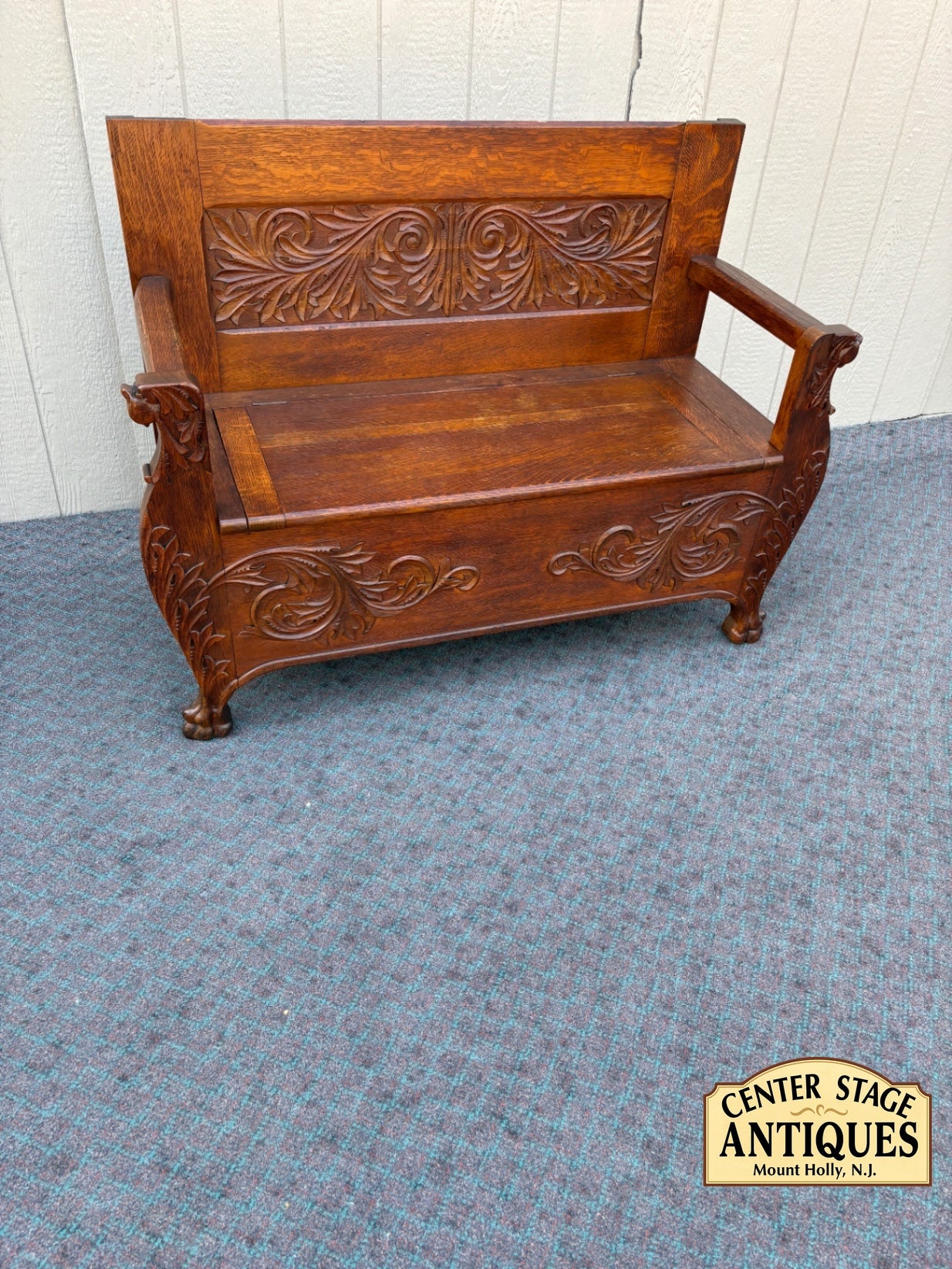 67891  Victorian Oak Carved Storage Bench with Lion Motif Details