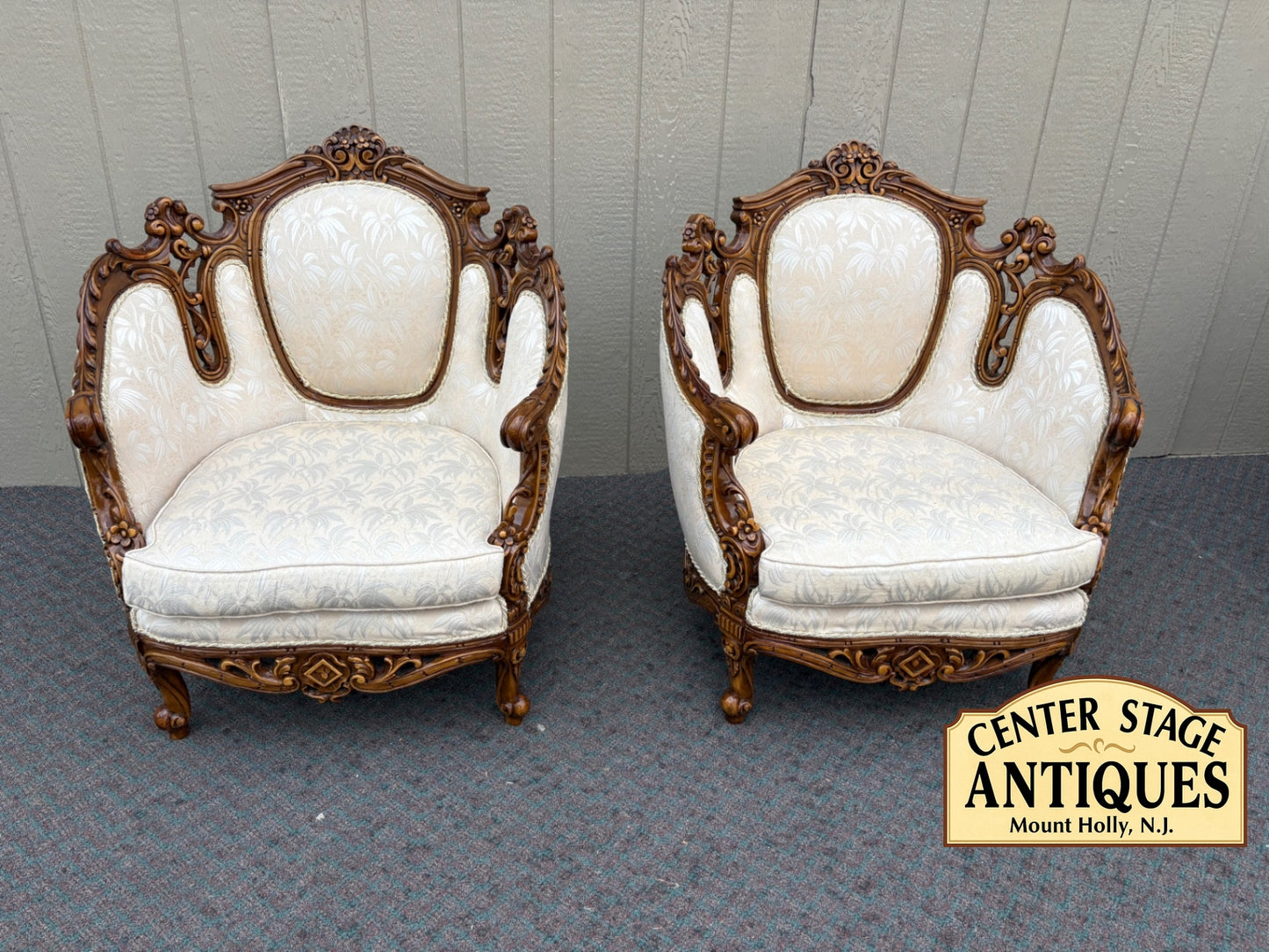 67670 Pair of Victorian Revival Armchairs with Carved Wood Frames