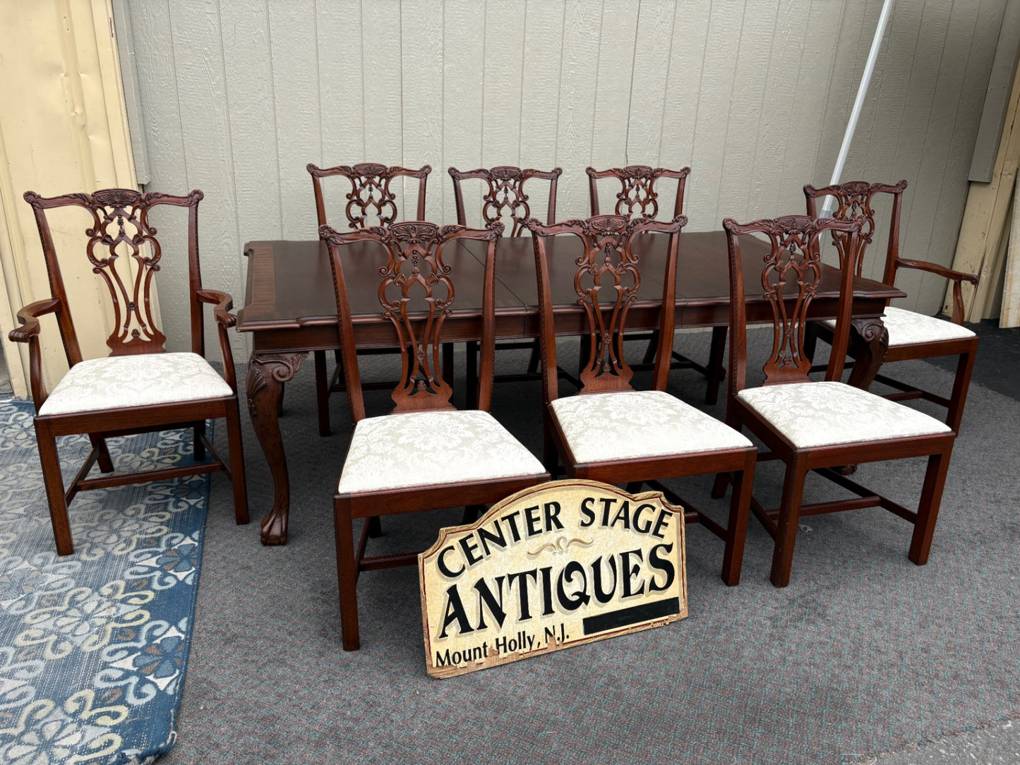 67877  Chippendale Style Dining Table with 8 Carved Chairs in Mahogany