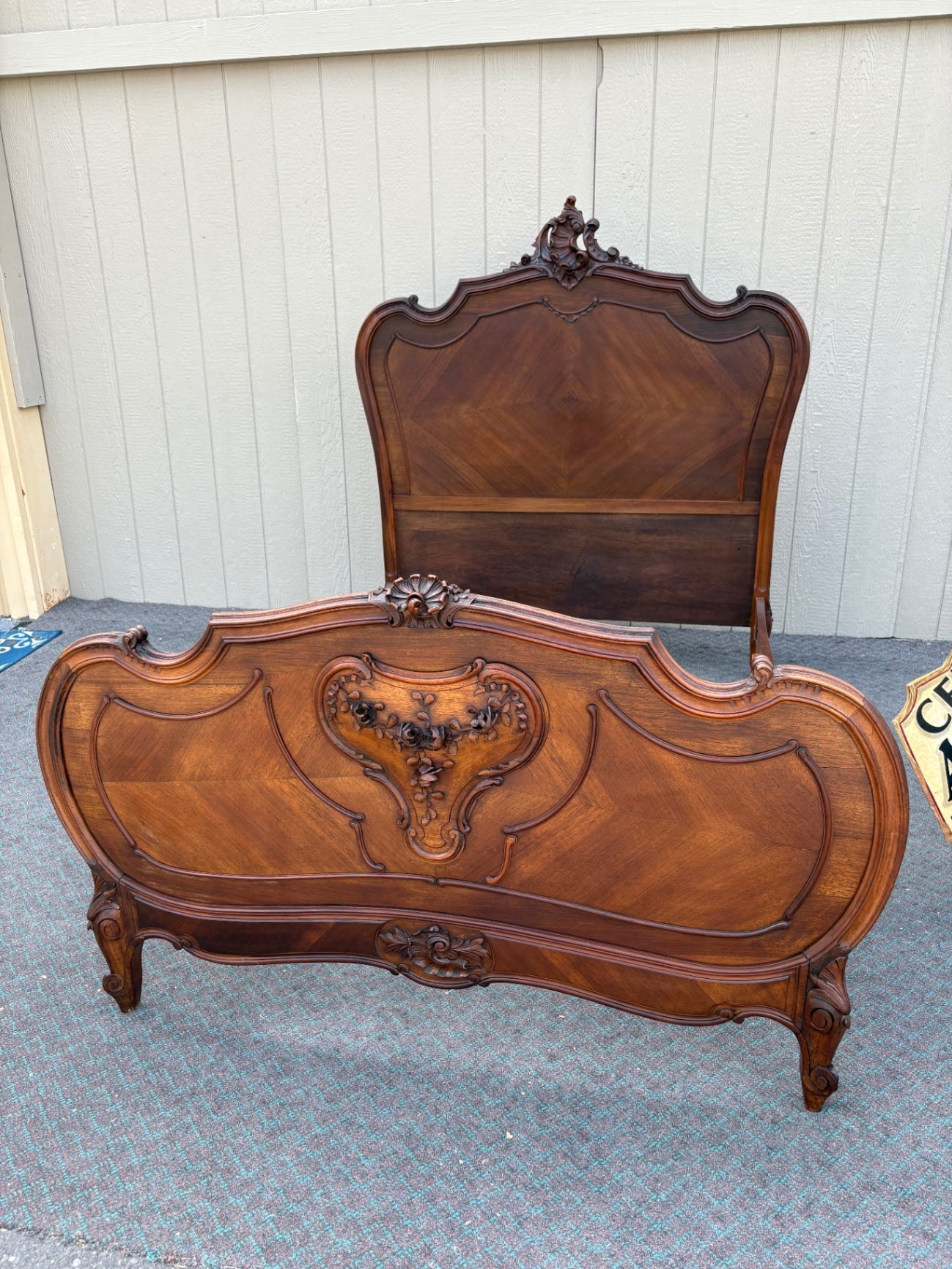 68044  Antique French Queen Size Bed Frame with Ornate Carvings