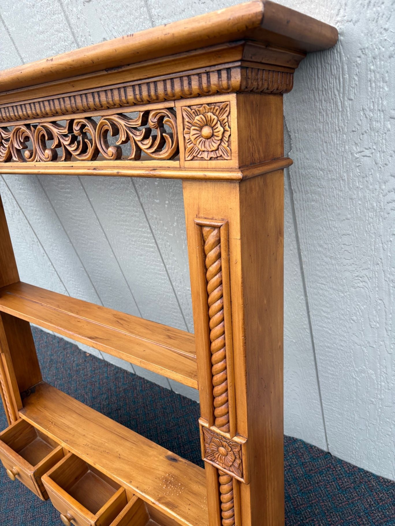 67550 Hand-Carved Wood Wall Shelf with Drawers, Ornate Vintage Style