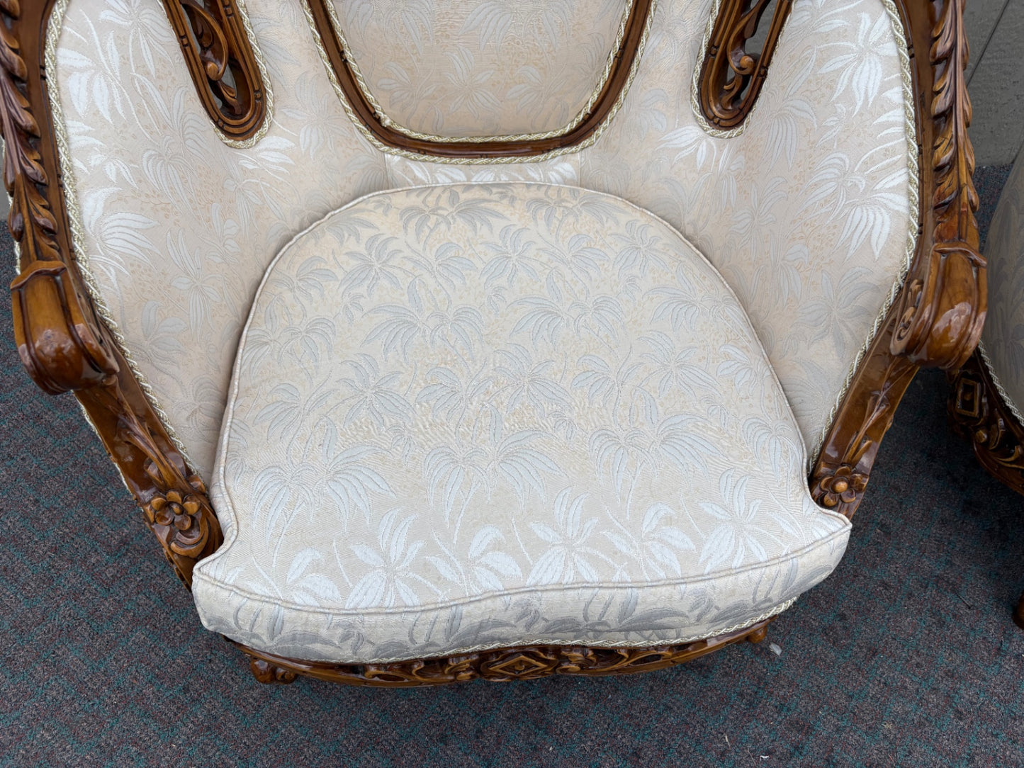 67670 Pair of Victorian Revival Armchairs with Carved Wood Frames