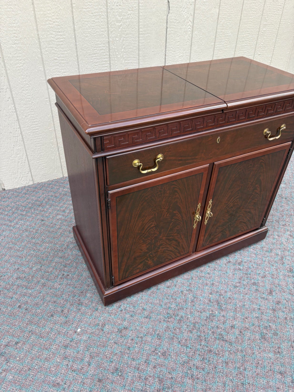 67768 Drexel Mid-Century Modern Mahogany Bar Cabinet with Greek Key Design