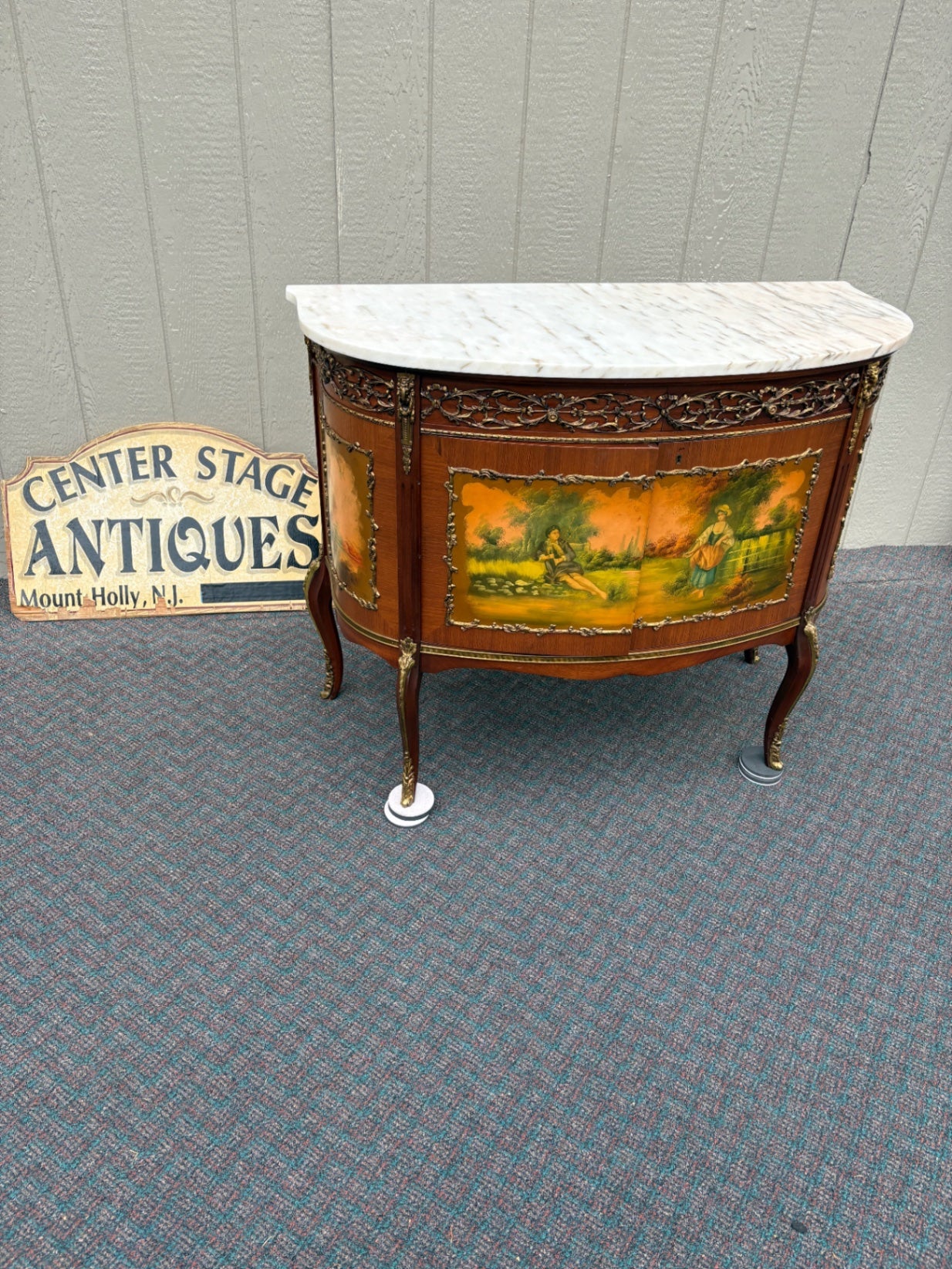 67819 Exquisite Louis XV Style Cabinet with Marble Top and Hand-Painted Panels