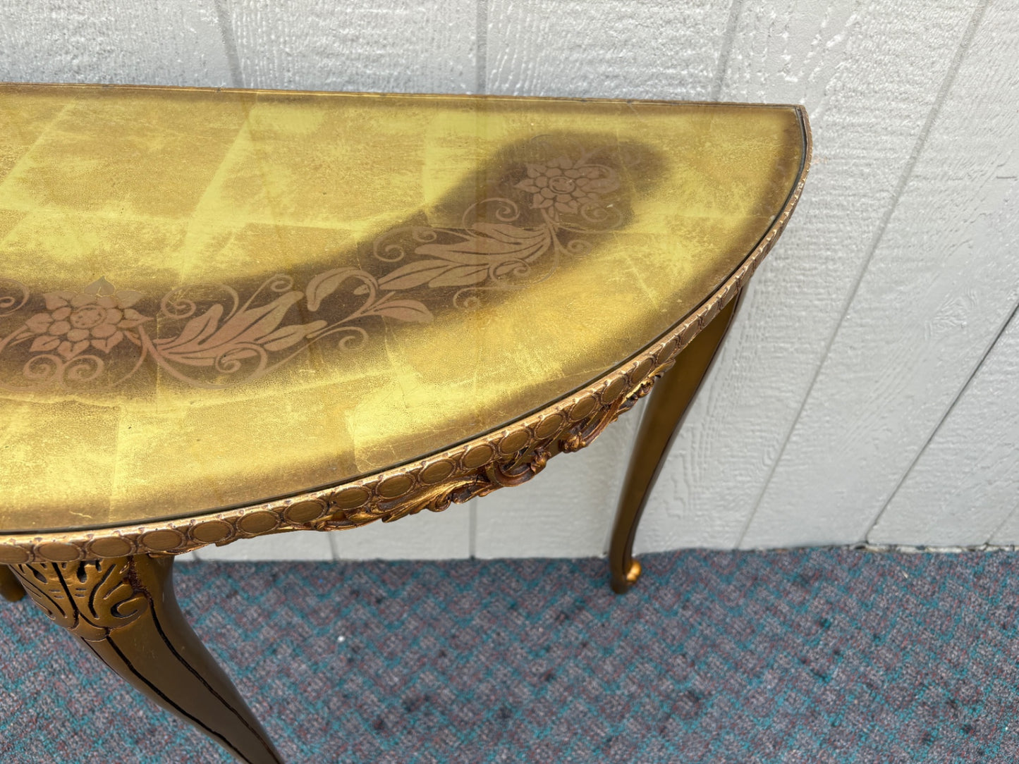 67978 Elegant Gold Demilune Console Table with Intricate Floral Design