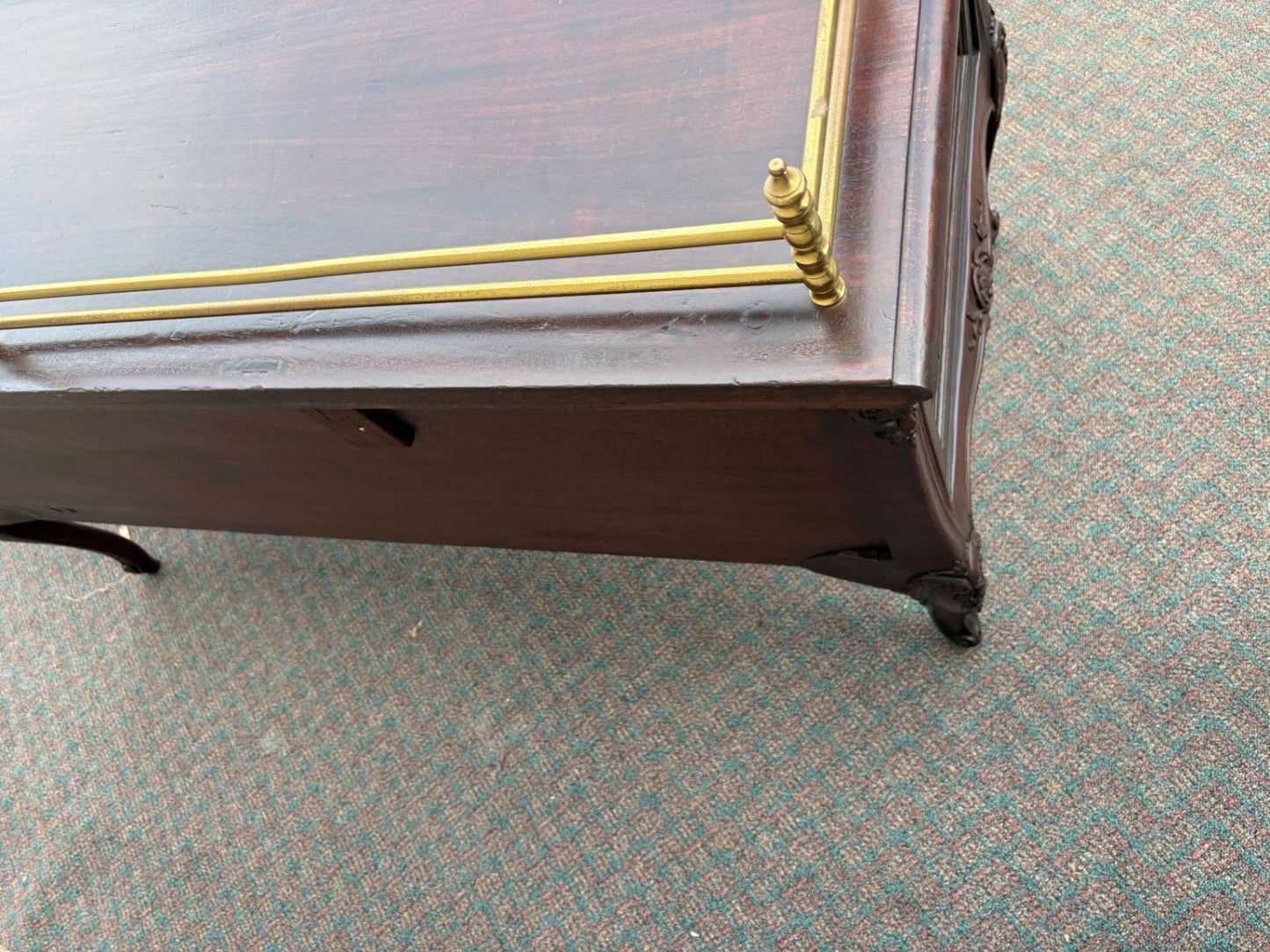 67605 Elegant French Louis XV Style Mahogany Writing Desk with Brass Rail