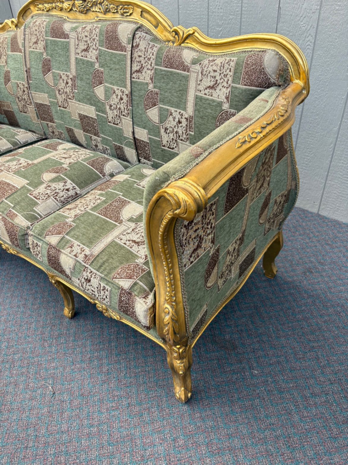 67517 Elegant Vintage French Provincial Gold Gilt Sofa with Tapestry Upholstery