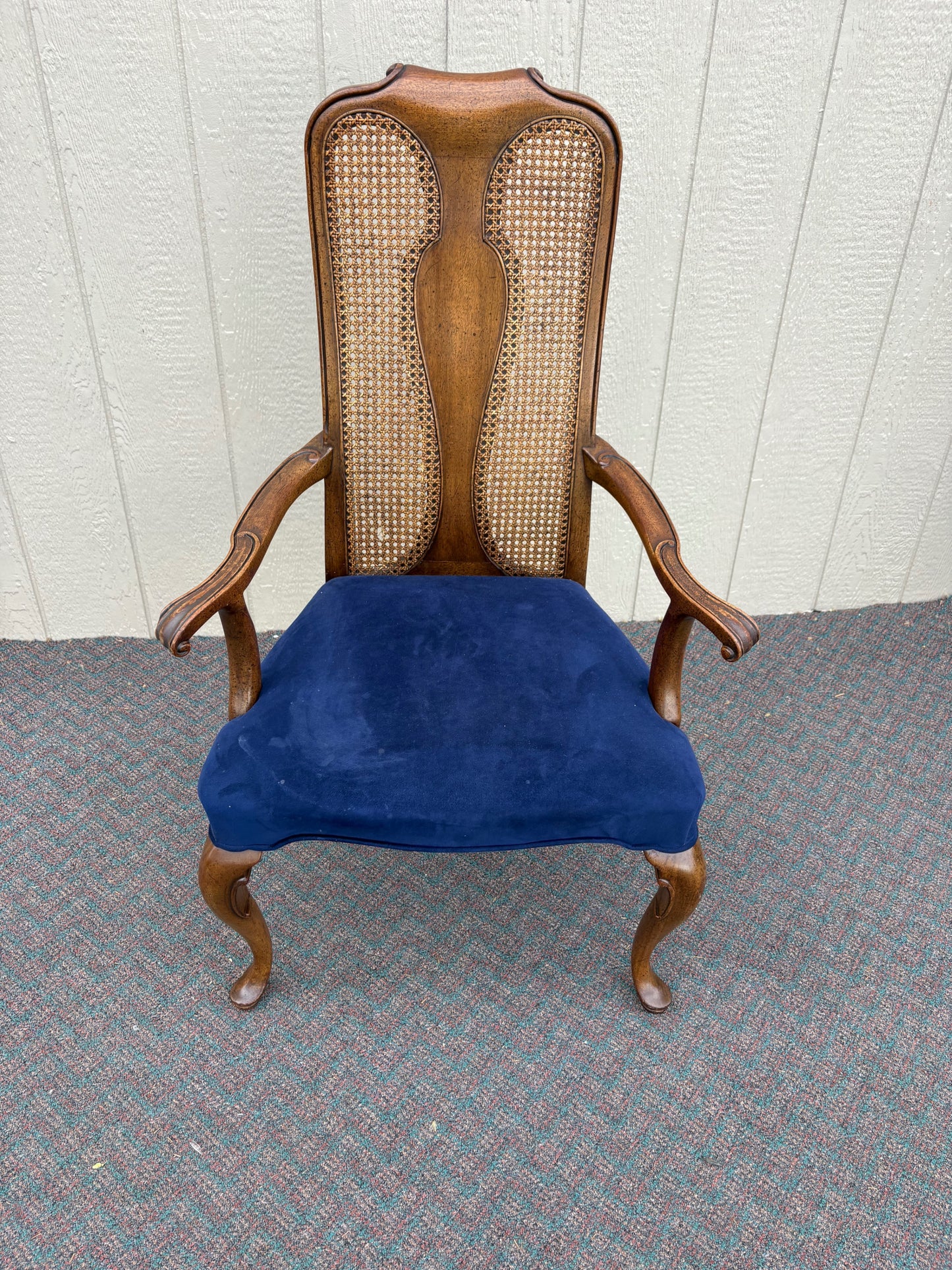 67644 Set of 6 John Stuart Queen Anne Dining Chairs in Walnut and Blue Upholstery