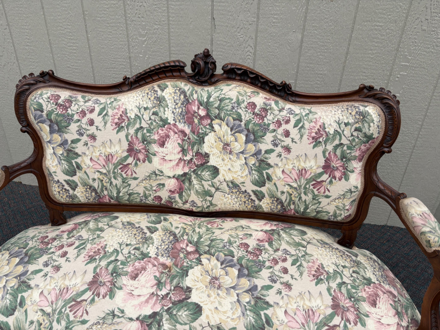 67710 Antique French Louis XV Style Loveseat with Floral Upholstery