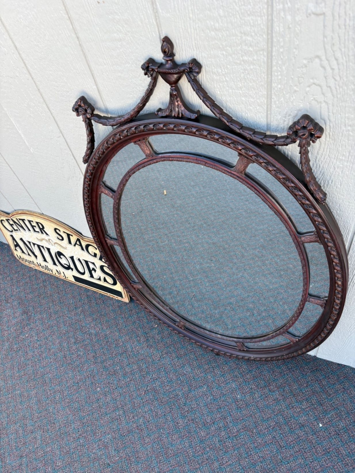 66933  Large Oval Mahogany Wall Mirror with Carved Swag Detailing