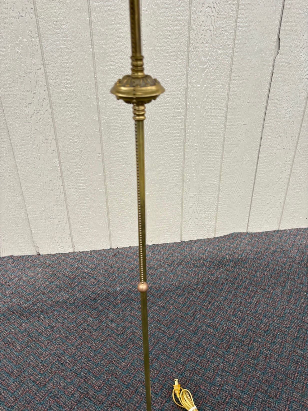 67509  Vintage Brass Floor Lamp with Gold Shade and Ornate Base