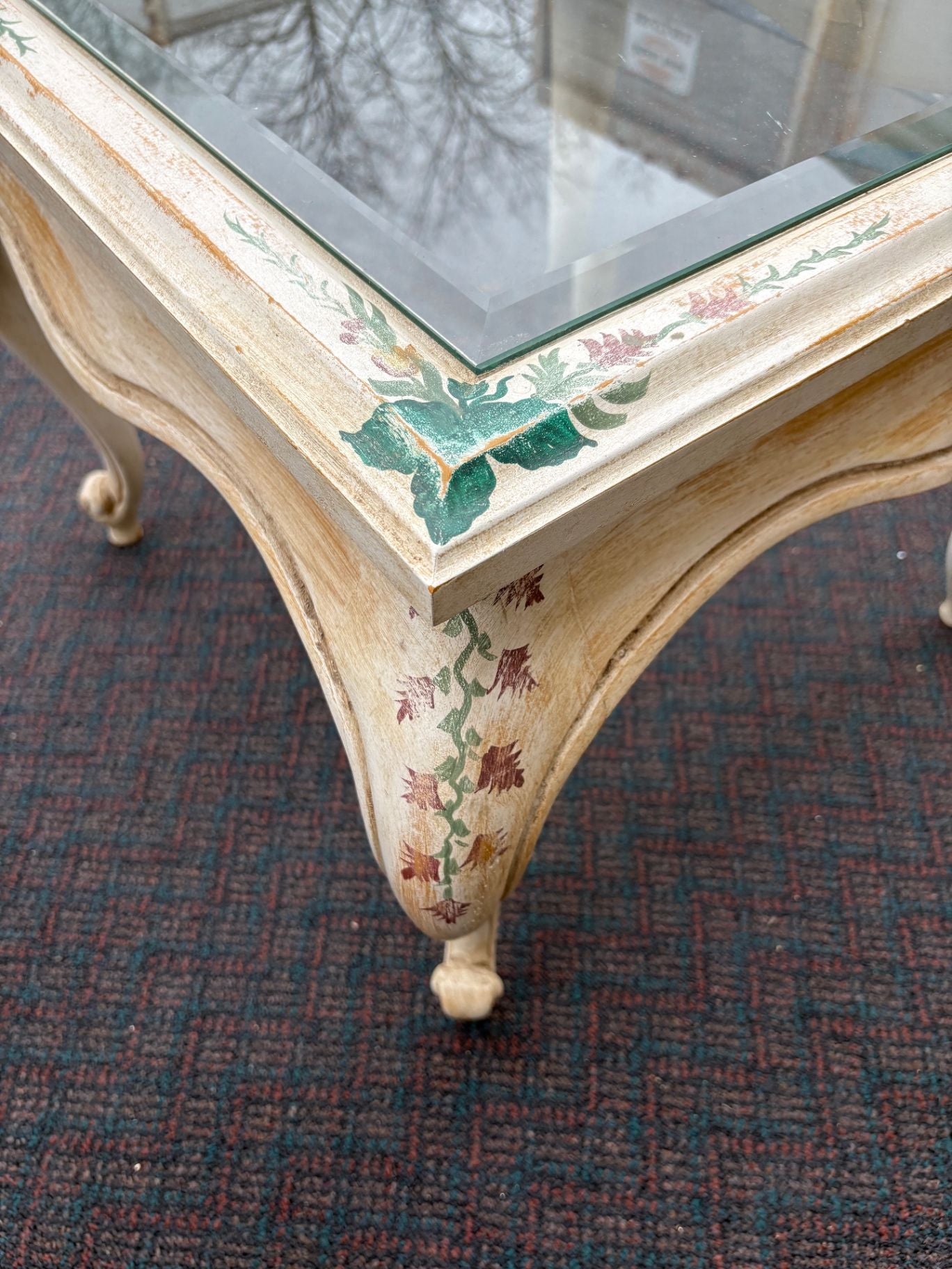 61856 PAIR  of French Provincial ITALIAN Hand Painted Glass Top End Tables