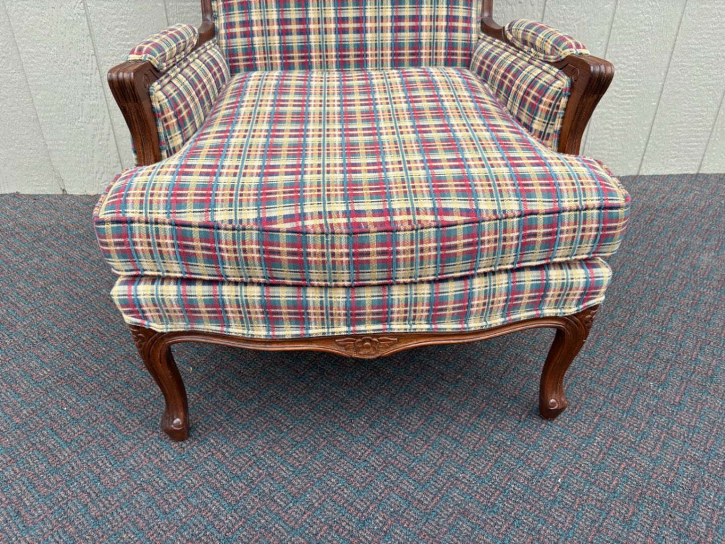67548  Ethan Allen Louis XV Style Armchair with Plaid Upholstery
