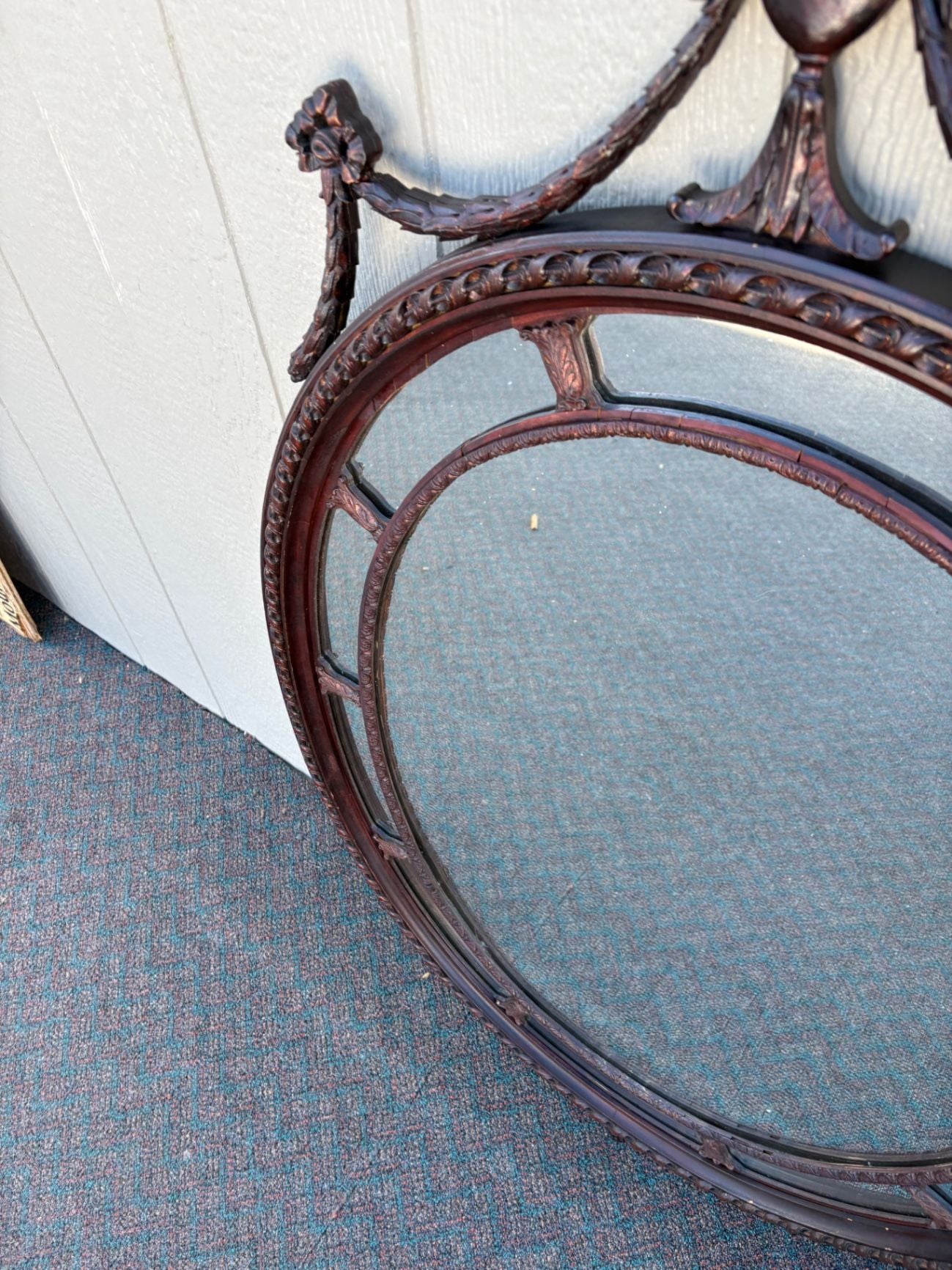 66933  Large Oval Mahogany Wall Mirror with Carved Swag Detailing