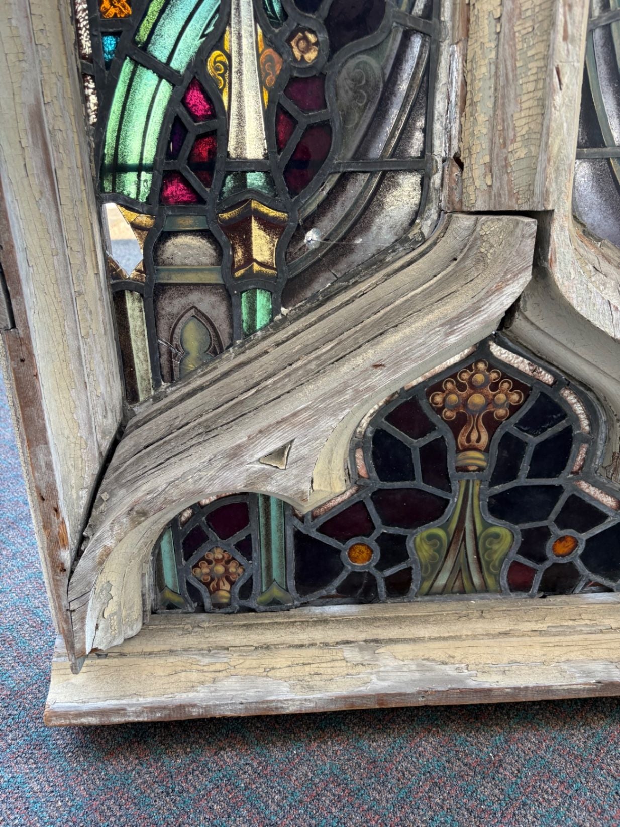 67488 Gothic Arched Stained Glass Window with Wooden Frame