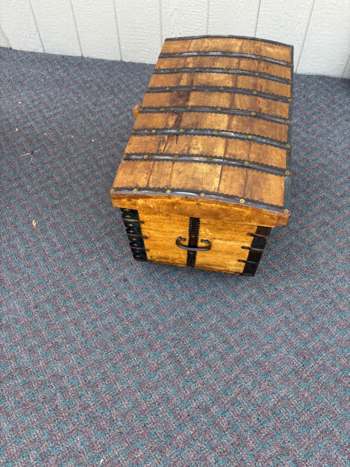 67771  Vintage PIER 1  Wooden Trunk on Wheels with Metal Accents