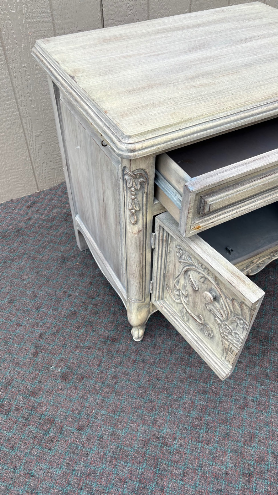 68068 French Provincial Nightstand with Carved Details and Distressed Finish