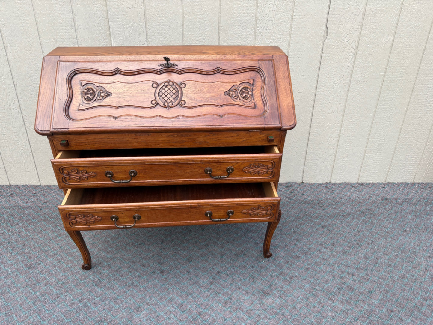 68097 Vintage French Provincial Oak Slant Front Desk with Carved Details